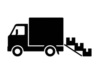Fototapeta premium Black silhouette icon of a delivery truck with stacked cardboard boxes on a ramp