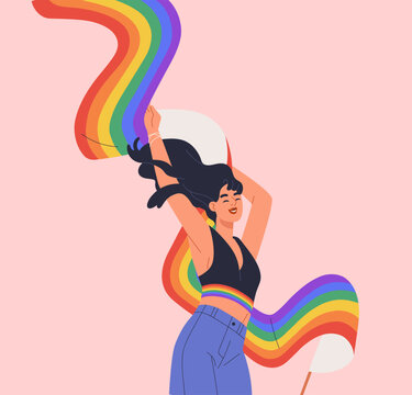 Lesbian woman with flowing rainbow-colored LGBTQ flag. Happy girl at queer parade with homosexual love symbol in hands. Pride Month celebration with LGBT banner, poster. Flat vector illustration.
