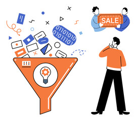 Data filtering and sales conversion process vector illustration. Marketing strategy, lead generation, business analytics, customer funnel, digital sales, information management. Information © Dmytro