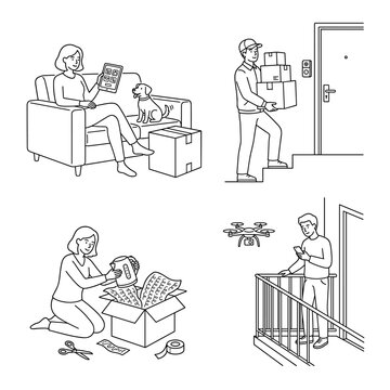 Set of line art illustrations depicting residential delivery scenes including receiving packages, opening boxes, and moving into new homes, logistics