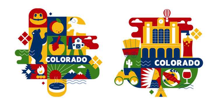 Colorado Composition, Travel Icon Set with Mountain, Nature, Wildlife. Geometric Vector Designs 