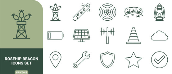 Fototapeta premium Rosehip beacon icons set featuring green outline symbols of towers, plants, solar panels, and tools on a light background