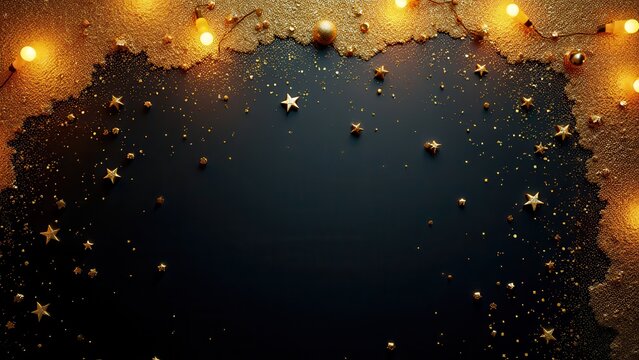 luxurious deep navy black gold foil abstract flat lay bokeh backdrop for elegant festive holiday marketing copy space