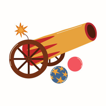 Circus cannon with lit fuse and two cannonballs in colorful hand drawn style. Ideal for posters, banners, invitations, stickers, dramatic carnival or entertainment designs. Flat illustration