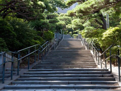 木漏れ日が差し込む緑豊かな日本庭園にある長く続く石造りの階段と松の木が美しい風景