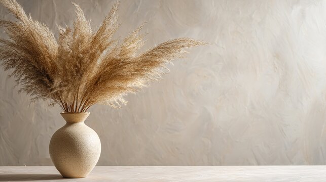 pampas. Dry pampas grass bouquet in a ceramic vase, softly lit against a pastel boho-style background. gardening catalogs, home-decor guides, designed for home decor and floral branding.