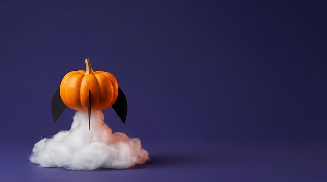 Creative conceptual image of a pumpkin rocket launching with smoke clouds isolated on a solid dark purple background