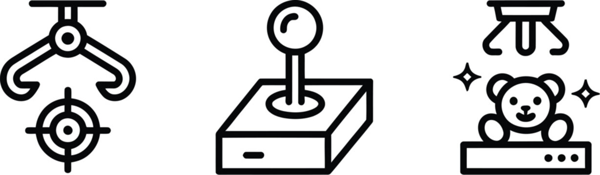 Claw machine game icon set joystick target mechanical claw grabbing teddy bear prize line art vector illustration isolated black.