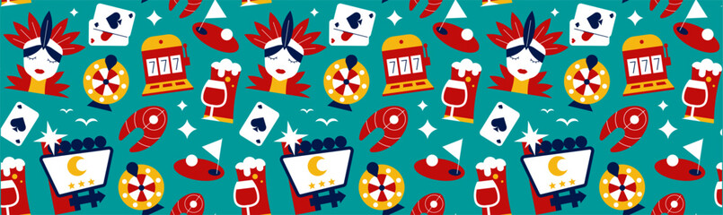 Naklejka premium Nevada and Las Vegas Geometric Seamless Pattern with Casino, Travel and Retro Symbols
