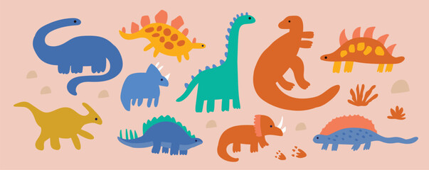 Cute dinosaur clipart collection featuring friendly prehistoric dinosaurs, dinosaur footprints and simple plants in a playful Scandinavian style. Perfect for nursery themes, children's products © cocozelle