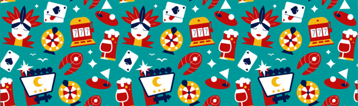 Nevada and Las Vegas Geometric Seamless Pattern with Casino, Travel and Retro Symbols