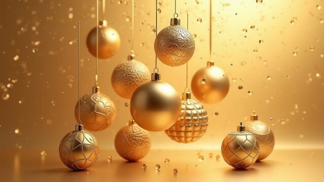 overhead shot of floating matte gold filigree christmas ornaments on luxurious solid gold background for holiday advertisement banner