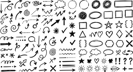 Hand drawn arrow set and doodle shapes, black ink sketch elements on white background, collection of decorative pointers and symbols © Masum Mia