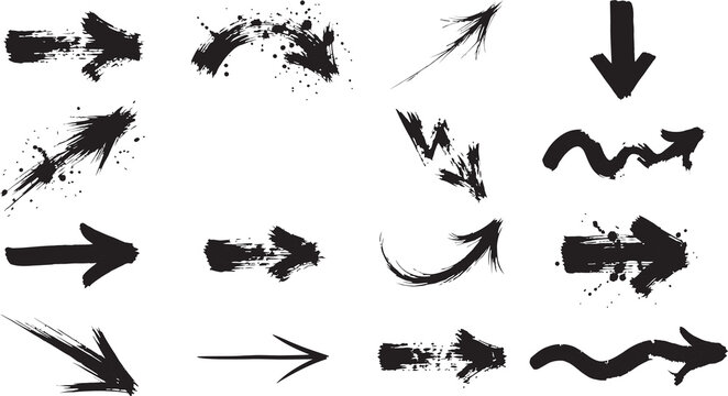 Grunge black ink arrows set, 14 hand drawn brush stroke pointers, distressed paint splatter arrow icons for urban design