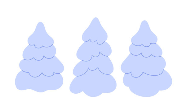 Blue fir tree silhouettes, snow covered spruce shapes set. Christmas winter seasonal forest plants, snowy Xmas firtrees. Flat vector illustrations isolated on white background.