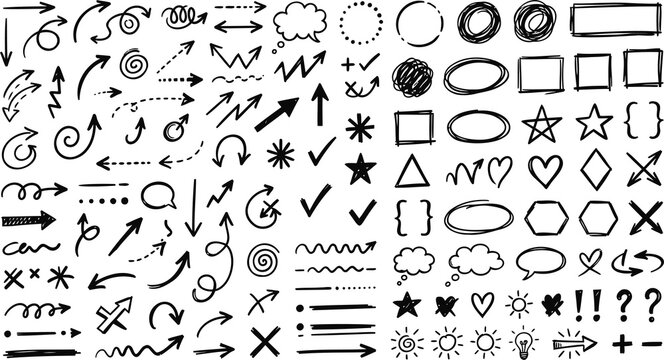Hand drawn arrow set and doodle shapes, black ink sketch elements on white background, collection of decorative pointers and symbols