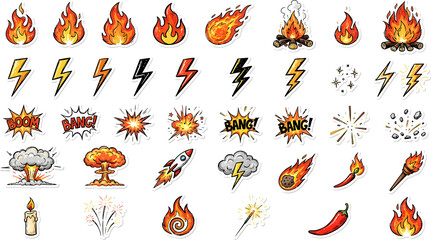 Comic style fire and lightning icons set, cartoon explosion and flame elements PNG, hand drawn energy and power stickers for game design © Masum Mia