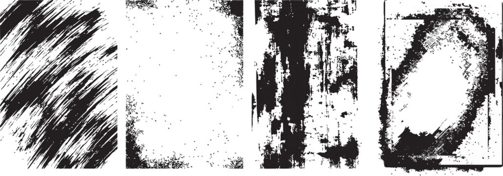 Grunge distress texture set, black ink brush strokes on white background, 4 vintage paper overlays, weathered border frames for graphic design