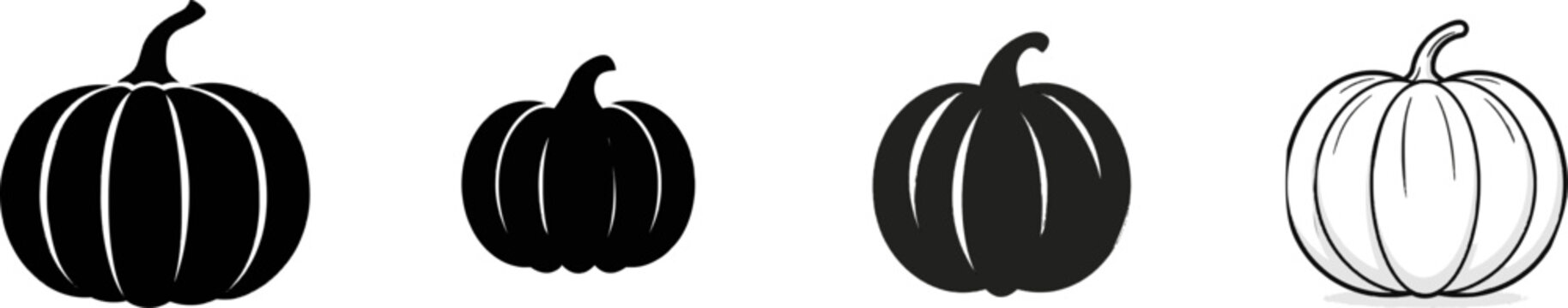 A premium black and white flat vector icon of a giant ribbed pumpkin with a stem, solid black lines and fills, modern UI style, exclusive minimalist design, isolated on a pure white background