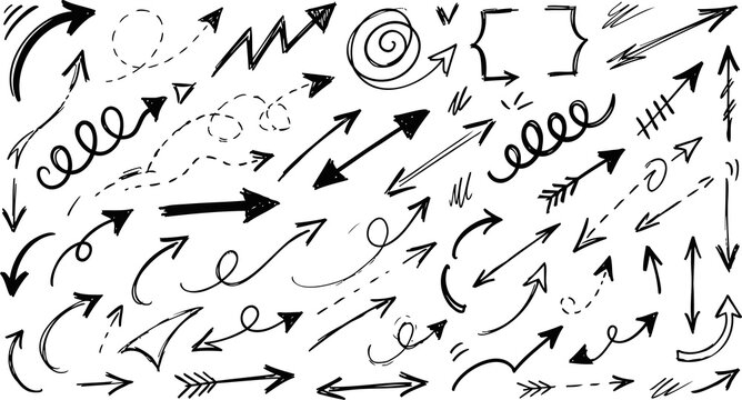 Hand-drawn arrow collection, black ink doodle pointers and decorative swirls, set of sketchy vector direction symbols for creative design