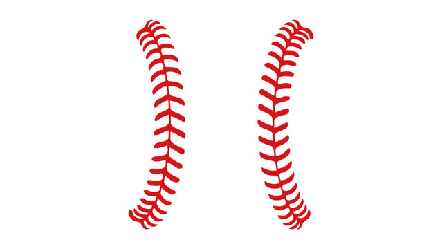 Two curved red baseball stitching patterns isolated on a white background, seams laces