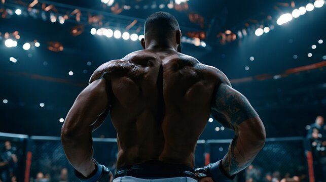 Muscular mixed martial arts fighter standing with back to the camera inside an octagon cage, preparing for competition under bright arena lights, showcasing strength and determination before a fight
