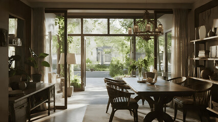 Fototapeta premium Modern interior dining room with large glass windows overlooking a lush garden