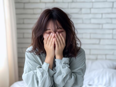 ベッドの上で顔を両手で覆い泣き崩れる悲しみと絶望に満ちたボサボサ髪の女性