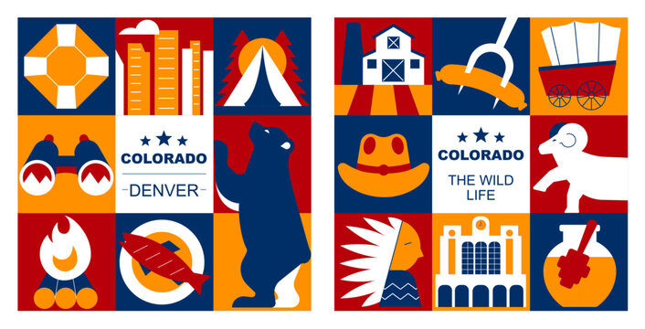 Colorado Geometric Mosaic Banner Templates with Mountain, Nature Symbols, Modern Social Media