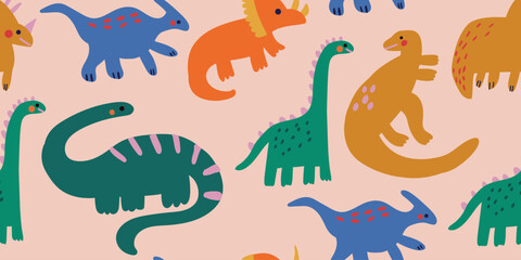 Fototapeta premium Cute seamless pattern featuring colorful hand drawn dinosaurs in soft green, orange and golden tones on a warm peach background. A playful Scandinavian nursery design with friendly prehistoric animals