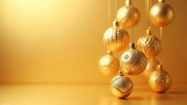 floating glossy golden christmas baubles against matte gold backdrop luxury festive holiday advertising background studio shot