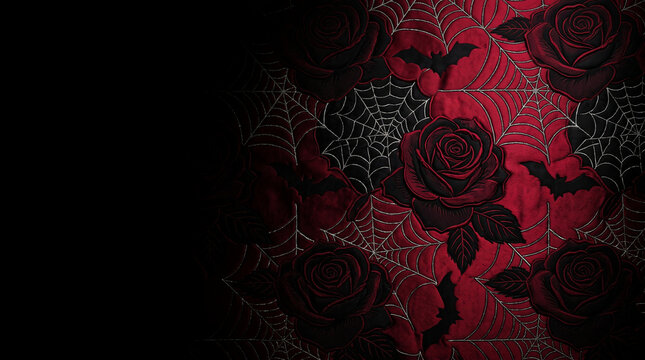 Gothic dark red rose embroidery on fabric with spiderwebs and bats