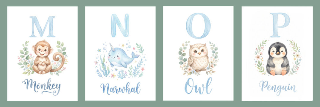 Watercolor Alphabet Flashcards with Cute Animals &ndash; M N O P Nursery Illustration Set