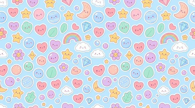 Seamless pastel pattern with cute smiley faces and colorful shapes.