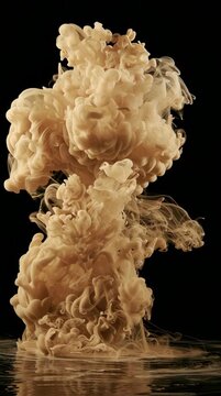 An ink cloud rises slowly in dark water, creating unique shapes and patterns. The movement is gradual and noticeable as it spreads.
