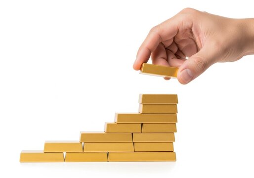 Hand placing gold bar on top of ascending stack