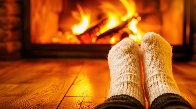 socks. Cozy close-up of wool socks resting on a wooden floor near a crackling fireplace with warm glow. lifestyle magazines, social media lookbooks, designed for influencer and brand collaborations.