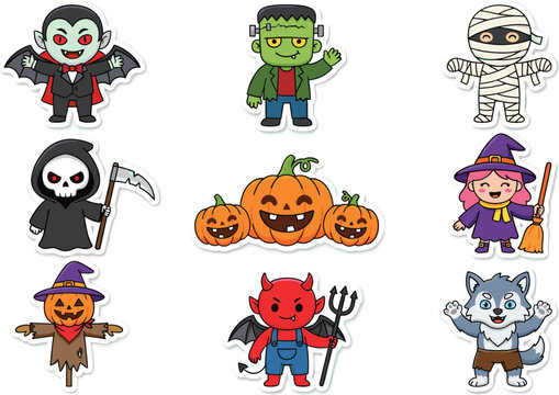 Fun set of colorful halloween creature stickers featuring mummies frankenstein vampires pumpkins witches and devilish little monsters