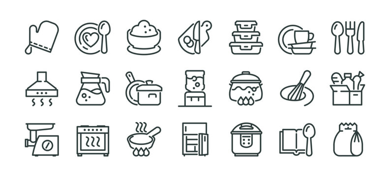 Cooking food, cookware kitchen culinary ingredient outline thin icons set. Line signs cookery gastronomy and dish recipe. Thin vector isolated pictograms pack for web and app on white background.