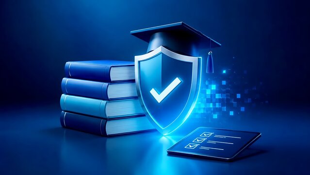 3D render of glowing checkmark shield with graduation cap, books, and tablet, verified education and academic integrity security concept