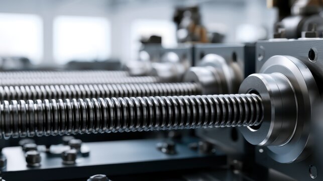Precision-engineered metal lead screws in industrial machinery with detailed focus on threading for mechanical motion control systems