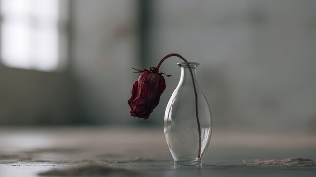 Wilted rose drooping over vase, loss and fading beauty concept
