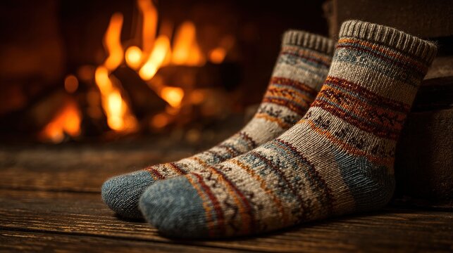 socks. Cozy close-up of wool socks resting on a wooden floor near a crackling fireplace with warm glow. lifestyle magazines, social media lookbooks, designed for influencer and brand collaborations.