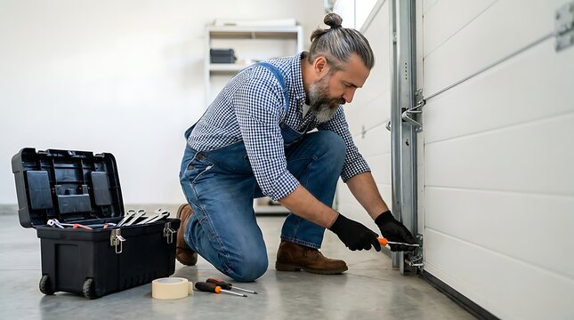 Professional technician repairing garage door mechanism with screwdriver and toolbox on concrete floor in clean garage.