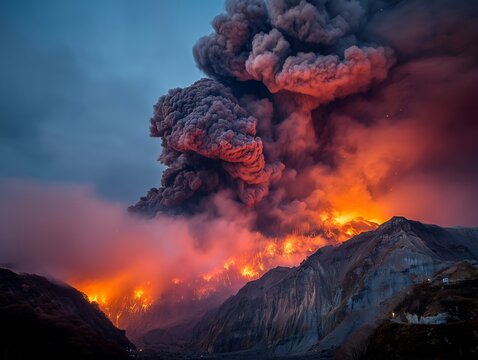 夜空を焦がす火山大噴火の猛烈な炎と巨大噴煙が広がる自然の驚異
