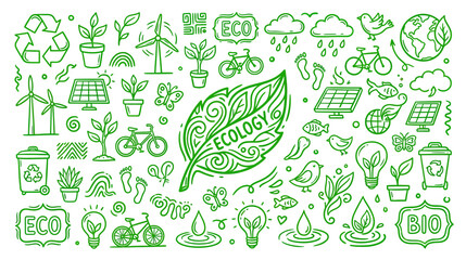 Obraz premium Green Ecology Symbols Doodle Collection
