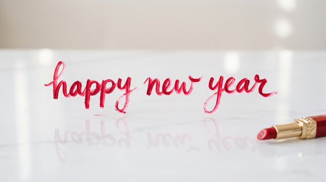 happy new year message handwritten in red lipstick on glossy white surface with red lipstick tube beside it