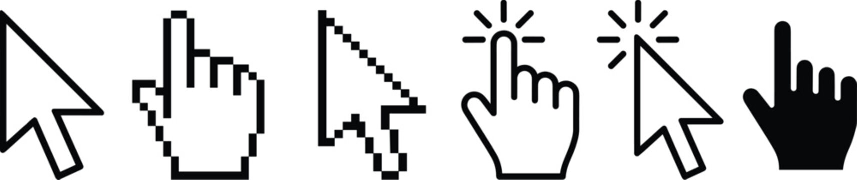 Mouse cursor arrows and hand pointer icons for digital interface navigation and selection tools
