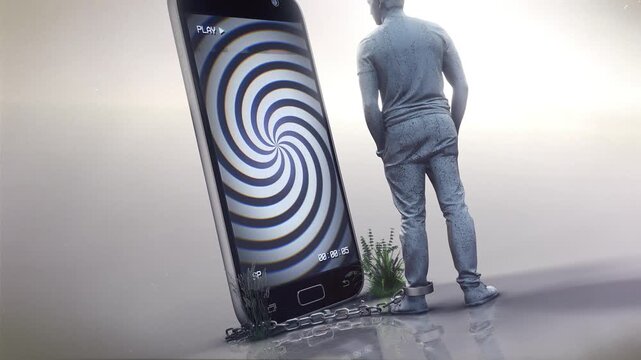 A symbolic depiction of how people are constantly chained to their phones as if under mind control, representing the idea that our smart phones are hypnotising us and dumbing us down, creating an unbr
