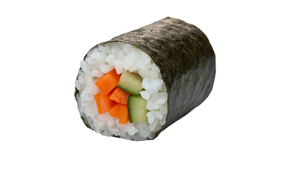 Fresh sushi roll with visible carrot and cucumber pieces, isolated on transparent background © PNGIG